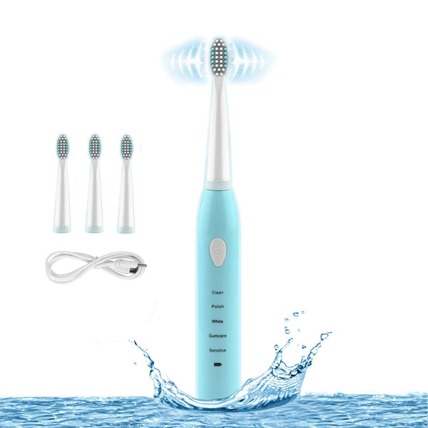 RED-NI Sonic Electric Toothbrush, USB Fast Charging Waterproof Toothbrush, 4 Free Replacement Heads, Model ET201, Blue