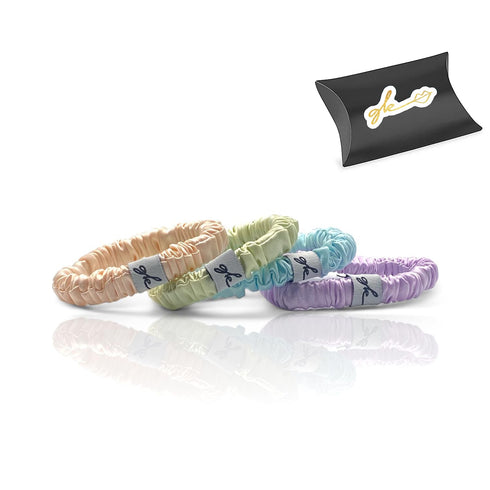 Soft Mulberry Silk Non Slip Colorful Scrunchies 4 Pack | Thin Elastic Ponytail Hair Ties for Girls | No Crease or Damage