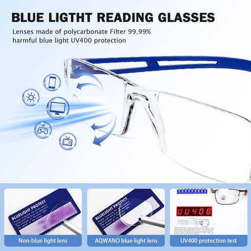 AQWANO Blue Light Blocking Computer Reading Glasses, 5 Pack Clear Frame Rimless Readers Anti Glare Filter (3.0)