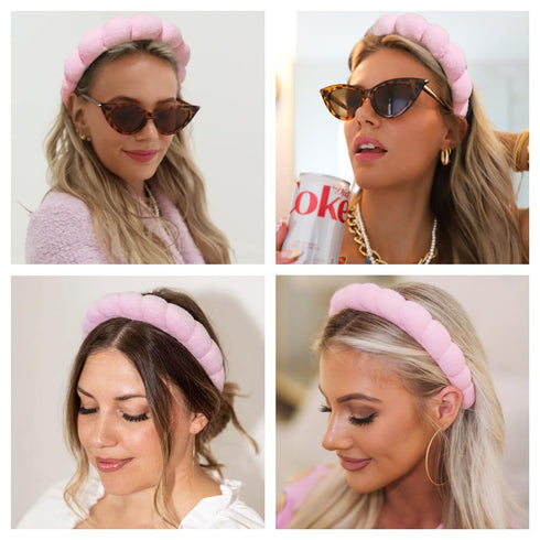 Spa Headbands for Washing Face, Pink Sponge Bubble Skincare Headbands for Women, Hair Accessories