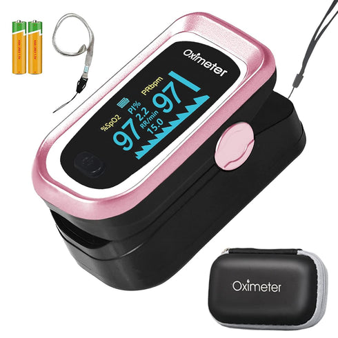 Pulse Oximeter Fingertip, 4 Data with Respiration, OLED Oximetry, Batteries, Carry Bag, and Lanyard (Pink)