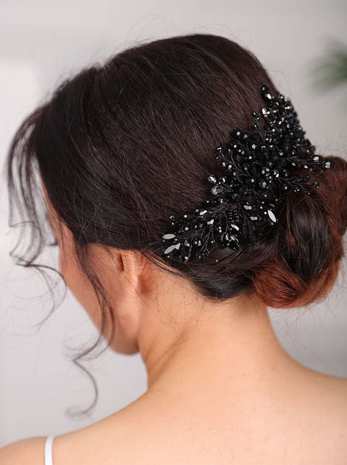 Women Dainty Black Rhinestones Crystal Wedding Hair Comb, Luxurious Bridal Side Hair Accessories