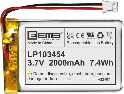 EEMB 3.7V Lithium Polymer Battery 2000mAh 103454 Lipo Rechargeable Pack with Wire JST Connector for Wireless Devices