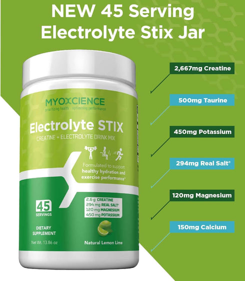 MYOXCIENCE Electrolyte Stix - Creatine Electrolyte Powder for Recovery from Exercise & Muscle Development (Lemon Lime