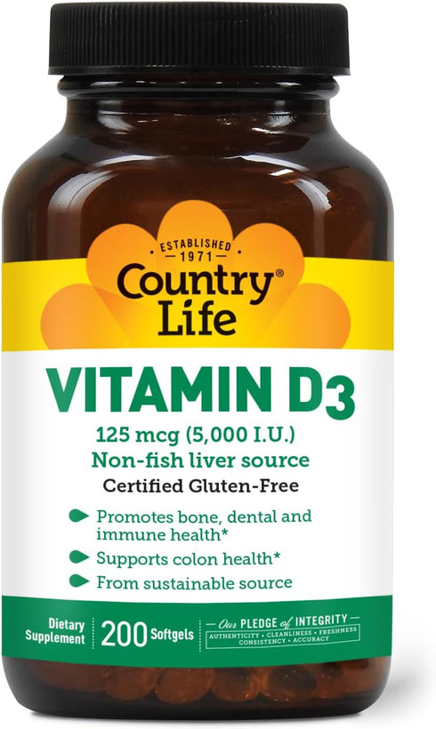 Country Life Vitamin D3 5000 IU for Immune and Bone Health, Sustainable Source from Lanolin, Various Strengths