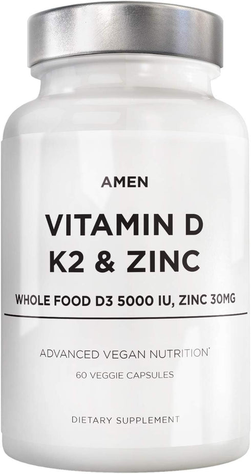Amen Vitamin D, K2 & Zinc, 5000 IU Cholecalciferol D3 - Organic Whole Food Blend with Apple, Blueberry, Cranberry,