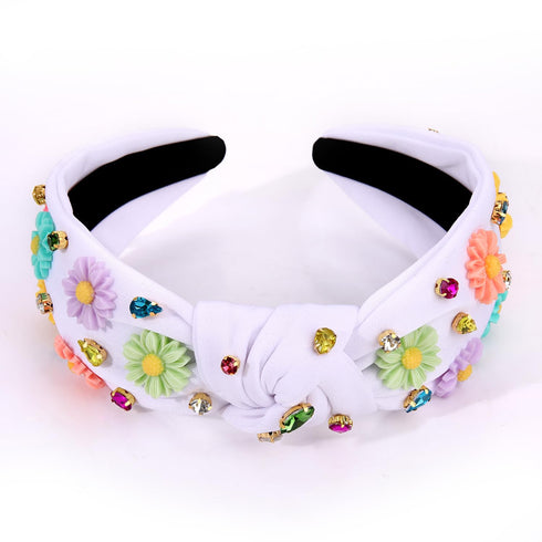 NVENF Flower Headbands for Women, Spring Summer Floral Knotted Headband with Crystal Rhinestones