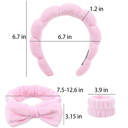 Spa Headband and Wrist Washband Set, 4pcs Soft Makeup Headbands for Face Washing, Shower, Makeup Removal (Pink)