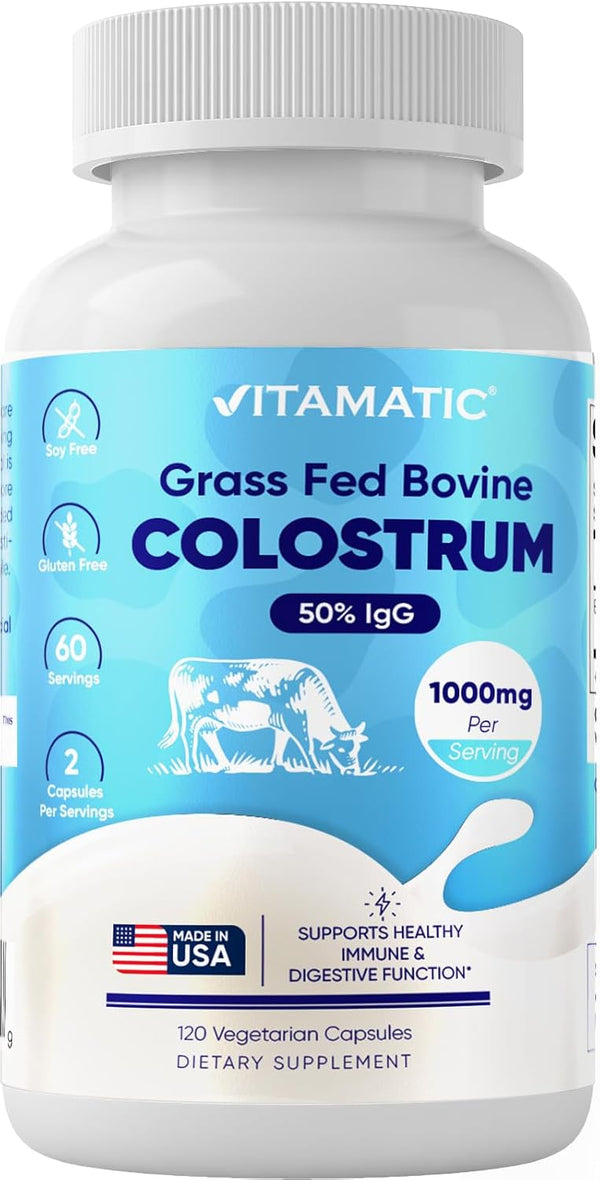 Vitamatic Bovine Colostrum Supplement 1000 mg - 50% Highest IgG for Gut Health, Hair Growth, Muscle Recovery, 120