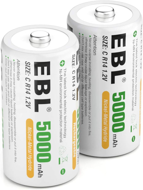 EBL C Size C Cell 5000mAh Ni-MH Rechargeable Batteries, 2 Pack