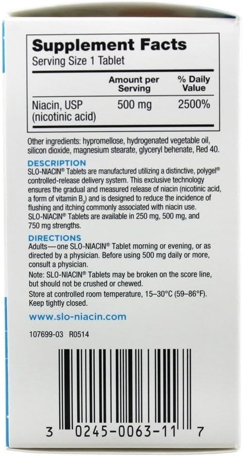 Slo-Niacin Vitamin B3 500 Mg - Slow Release Niacin for Heart Health, Energy Boost, Health Skin, Healthy Blood Sugar Levels - 100 Capsules