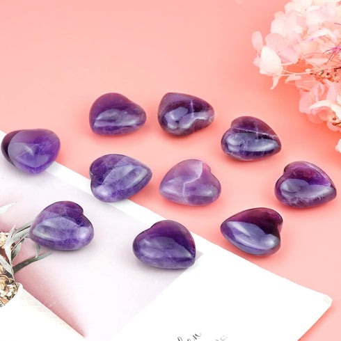 Marrywindix 10 Packs 1 Inch Healing Crystal Natural Amethyst Heart, Carved Palm Worry Stone for Chakra Reiki