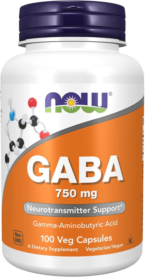 NOW Supplements GABA 750mg - Neurotransmitter Support, 100 Veg Capsules