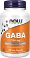 NOW Supplements GABA 750mg - Neurotransmitter Support, 100 Veg Capsules