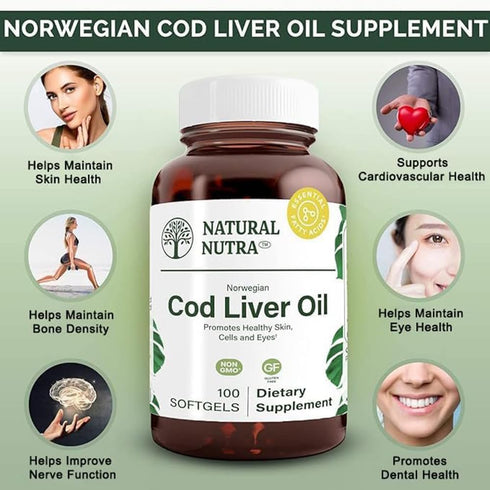 Natural Nutra Norwegian Cod Liver Oil Supplement, 100 Softgels, Supports Skin, Body Density, Eye Health &