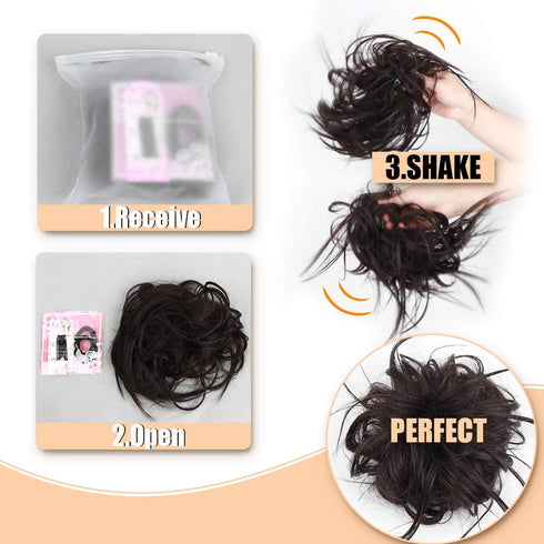 HMD Tousled Updo Messy Bun Hair Piece - Hair Extension Ponytail with Elastic Rubber Band for Women (Dark Brown)