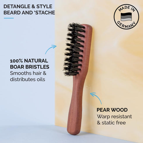 ZEUS Boar Bristle Beard & Mustache Brush for Men, Soft Bristles, Travel Care Brush with Handle (Made in Germany) J92