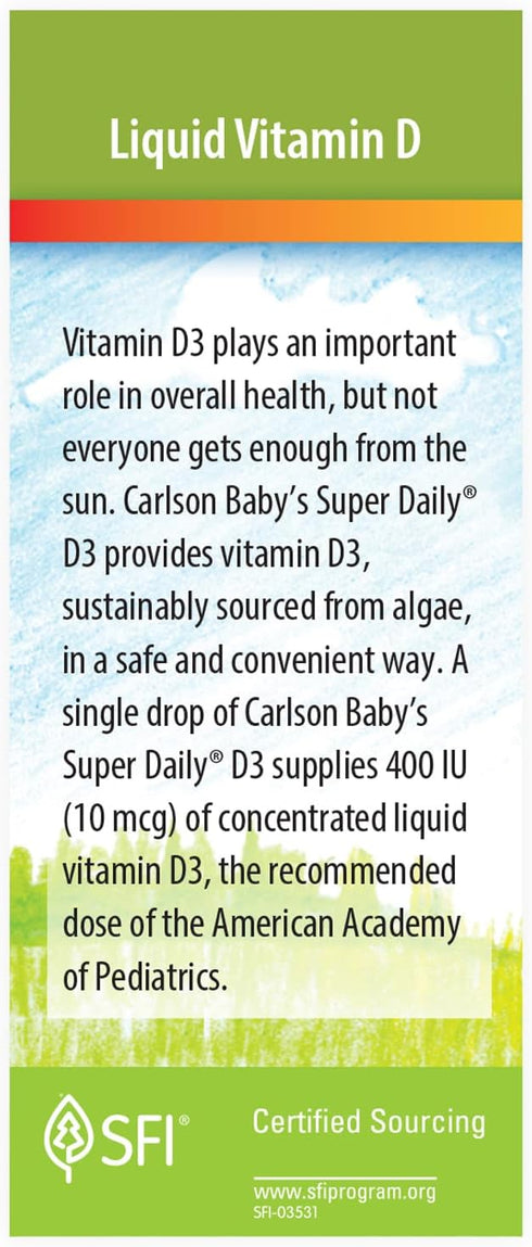 Carlson Baby's Plant-Based Super Daily D3, Vegetarian Liquid Vitamin D Drops, 400 IU per Drop, 90 Drops