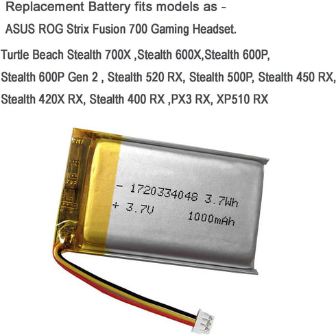 1000mAh 3.7V Battery Replacement for ASUS ROG Strix Fusion 700, Turtle Beach Stealth Headsets, JBL TOUR ONE