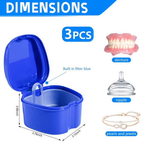 3 Pack Denture Bath Case Cup Holder Storage with Strainer Basket for Travel Cleaning (White, Blue, Light Blue)