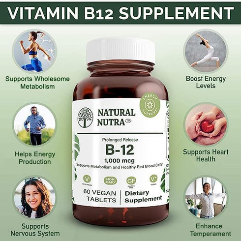 Natural Nutra Vitamin B12 1000 mcg, Cobalamin B12 Supplement, 60 Vegan Tablets, Gluten Free, Sugar Free