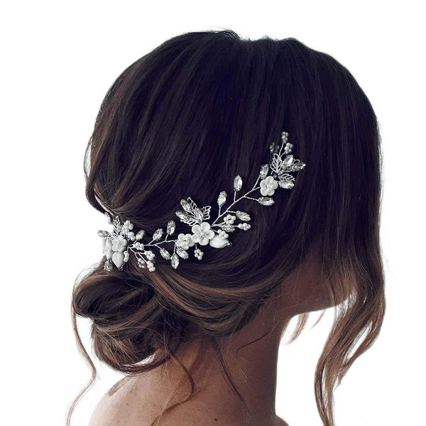 Unicra Bride Flower Wedding Hairpiece, Pearls Bridal Hair Accessory with Crystals for Women and Girls (Silver)