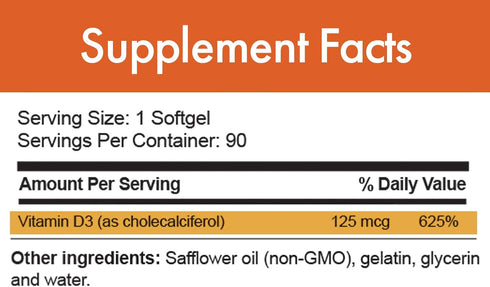 Stop Aging Now D-Pure Formula 125 MCG, Premium Vitamin D3 5000 IU with Safflower Oil, 90 Softgels