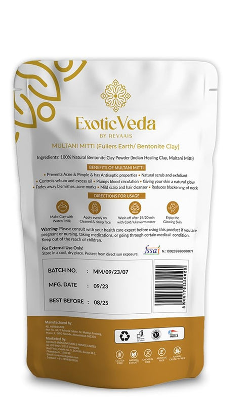 Multani Mitti Powder Fullers Earth Clay - 100% Pure Natural Indian Clay for Skin Cleansing - Suitable for All Skin Ideal for Face Masks and Body Scrubs | 100% Natural, Non-GMO (100g)