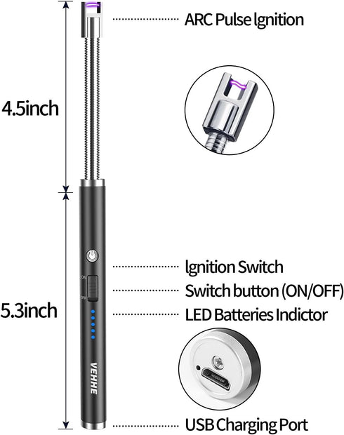 VEHHE USB Lighter, Rechargeable Electric Candle Lighter with Safety Lock, 360° Flexible Long Neck for Cooking