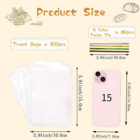 QOIUSO 100pcs Cellophane Treat Bags: Cellophane Bags, 4 x 6 Inch Small Clear Goodie Candy Snacks Cookies Gift Bags with 4 Colors Twist Ties for Gift Wrapping Packaging Decorations Storage