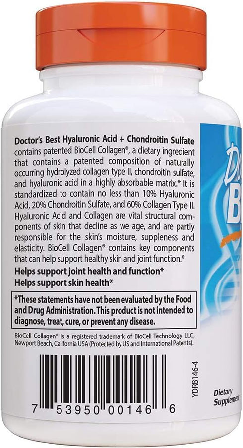 Doctor's Best Hyaluronic Acid 60 Caps, Non-GMO, Gluten Free, Soy Free, Chondroitin Sulfate, Joint Support