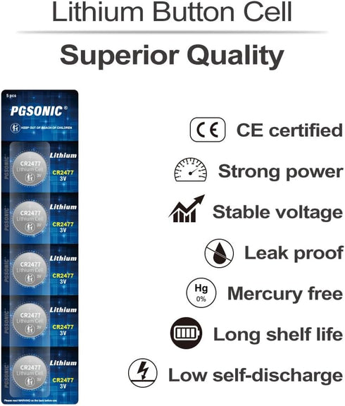 PGSONIC 5 Pack CR2477 3 Volt Lithium Battery