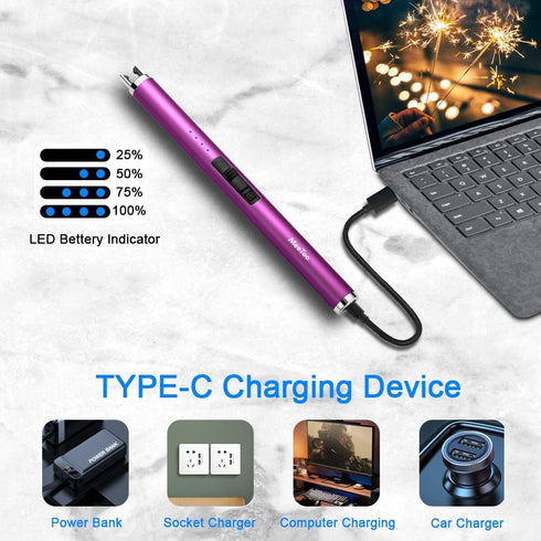 MeeToo Candle Electric Lighter, Rechargeable USB Type-C Lighter for Candle BBQ Camping Fireworks, Purple