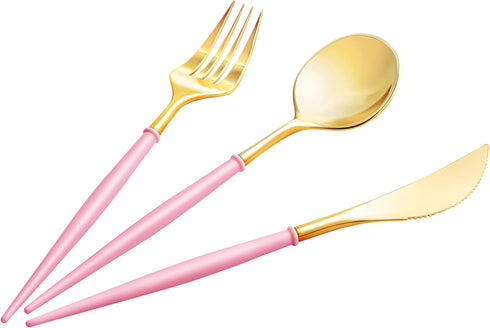 90pcs Gold Plastic Silverware with Pink Handle, Elegant Disposable Cutlery for Wedding, Party, Daily Use