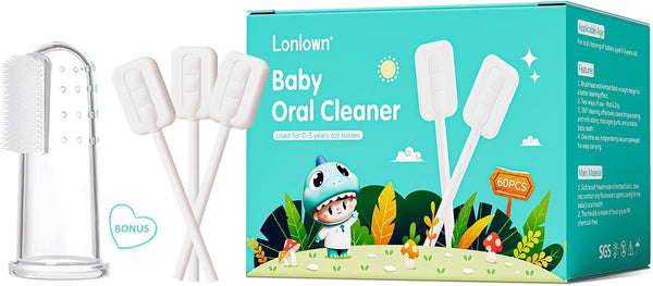 60PCS Baby Tongue Cleaner & 1PCS Finger Toothbrush, Disposable Infant Oral Clean Stick for 0-36 Month Baby