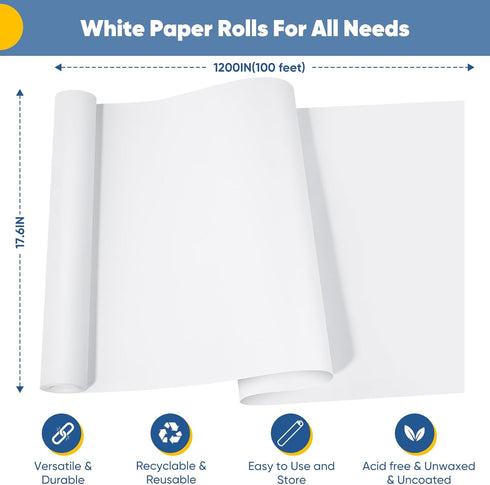 White Wrapping Paper, 17.6"x1200" Bulletin Board Paper Roll, White Craft Easel Painting Drawing Paint Paper Roll, Kids Art Supplies Arts & Crafts Kraft Paper for Father's Day Gift Wrap Bouquet Poster