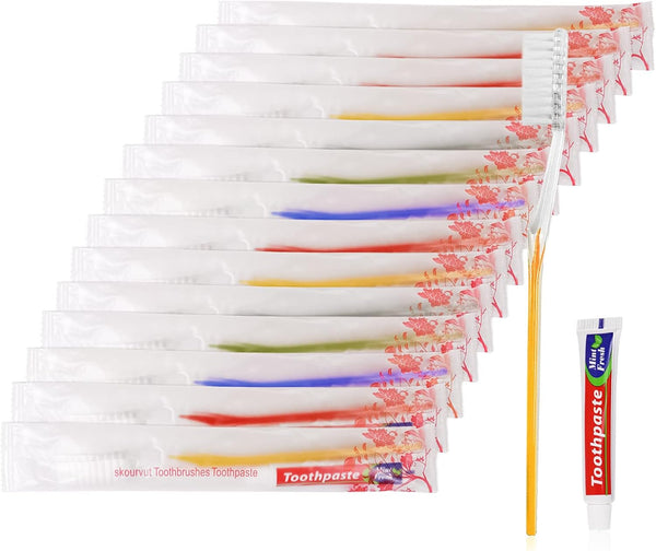 Disposable Toothbrushes with Toothpaste - 5 Colors, Individually Wrapped Bulk for Homeless, Hotels