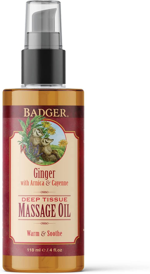 Badger Ginger Massage Oil, 100% Organic, 4 fl oz Glass Bottle, w/Arnica Oil & Cayenne for Deep Tissue Relief