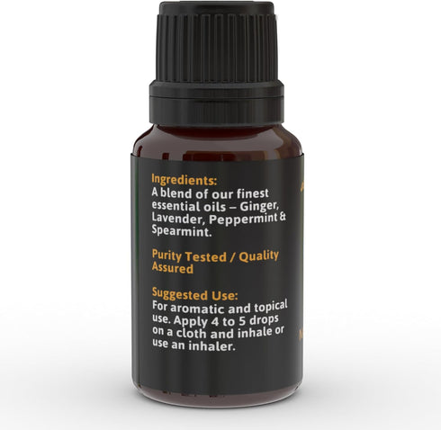 Nausea Relief Oil Synergy Blend for Motion Sickness, 100% Pure Essential Oils, 15 mL