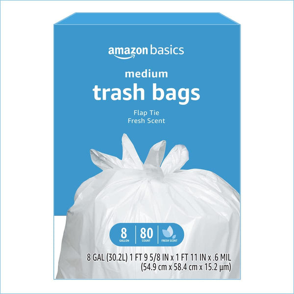 Amazon Basics 8 Gallon Flap Tie Trash Bags, 80 Count, Fresh Scent