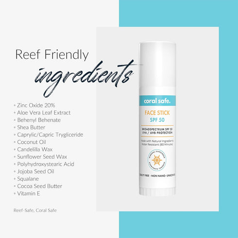 Reef Safe Sunscreen SPF 50 Facestick - Biodegradable, Zinc, Vitamin E, Oxybenzone & Octinoxate Free, Made in USA