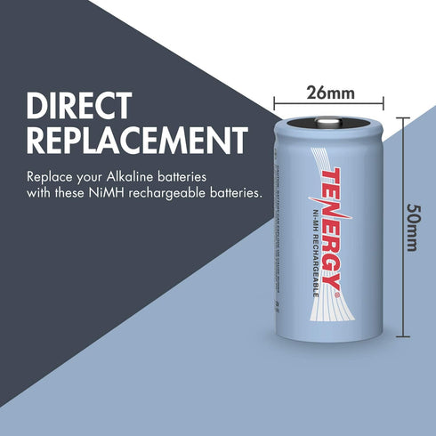 Tenergy C Size Battery 1.2V 5000mAh High Capacity NiMH Rechargeable Battery for LED Flashlights Kids Toy and More, 4 Pack