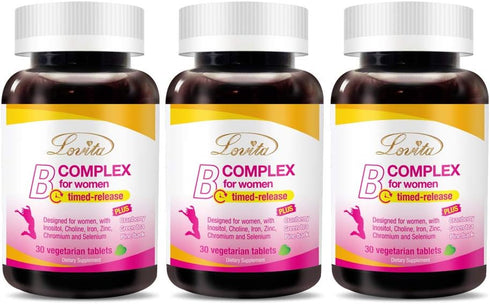 Lovita High Potent Vitamin B Complex for Women, 30 Vegetarian Tablets with Timed Release, Iron & Vitamin C