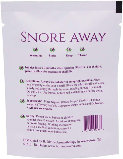 B. Divine Aromatherapy Snore Away Inhaler Stick, Natural Nighttime Sleep Support, Organic Essential Oil Inhaler