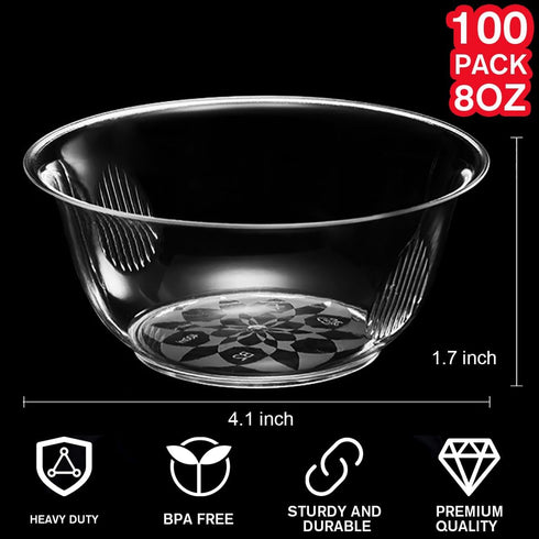 100 Pack Hard Plastic Bowls, 8oz Ice Cream Bowls, Plastic Dessert Bowls Disposable Clear Bowl Bulk for Parties Serving, Catering, Special Events, Party Supplies by MOACOCK