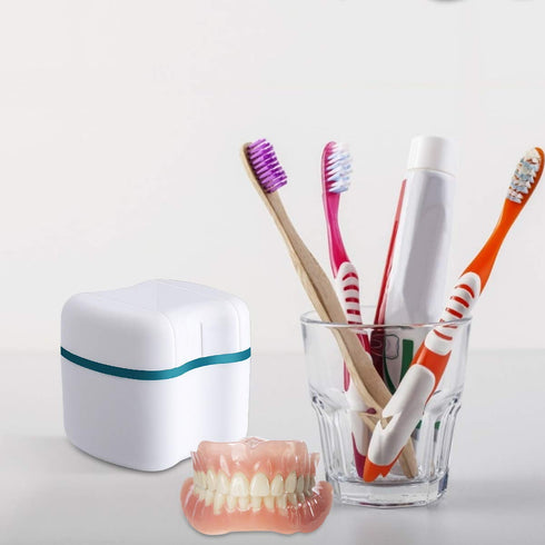Denture Bath Case with Basket, Cleaning Box Container, Soaking Cup Cleaner for Dentures and False Teeth