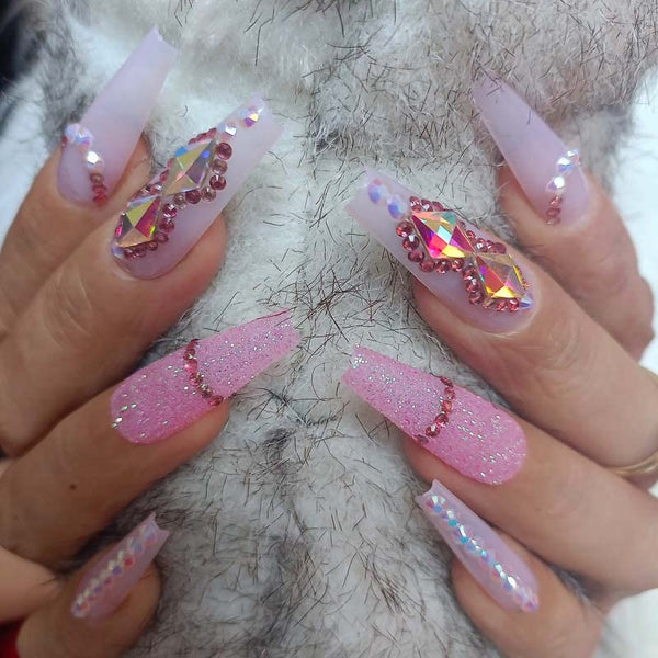 Pink Press On Nails - Luxury Fake Nails with Powder Sequins Art, Acrylic False Tips for Women and Girls