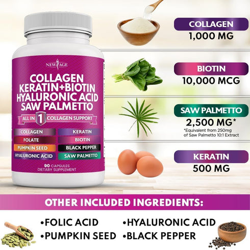 Collagen Pills 1000mg, Biotin 10000mcg, Keratin, Saw Palmetto, Hyaluronic Acid - Hair, Skin, Nails Vitamins, 270 Count