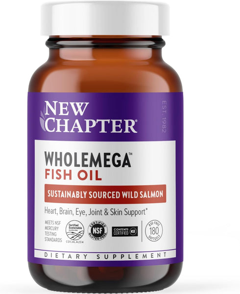 New Chapter Wholemega Fish Oil Supplement - Wild Alaskan Salmon Oil, 180 ct, 1000mg Softgels