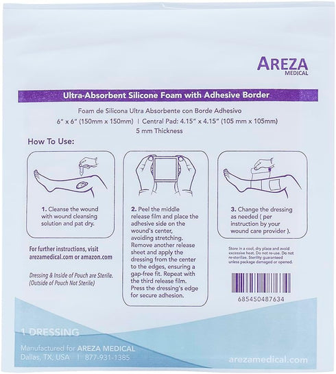 Areza Medical Silicone Foam Wound Dressing - Super-Absorbent Layer, Waterproof, Sterile - 6" x 6", 5 PCS